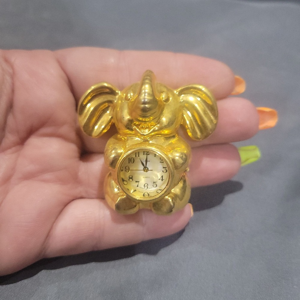 Brass Mini Elephant Desk Clock Heavy Quartex Quartz Analog Gold Finish